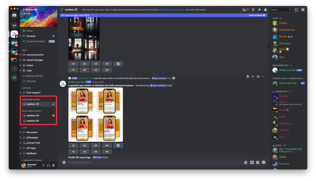 Shubham Davey from Techbydavey highlights Newbies rooms on discord to interact with midjourney AI bot.