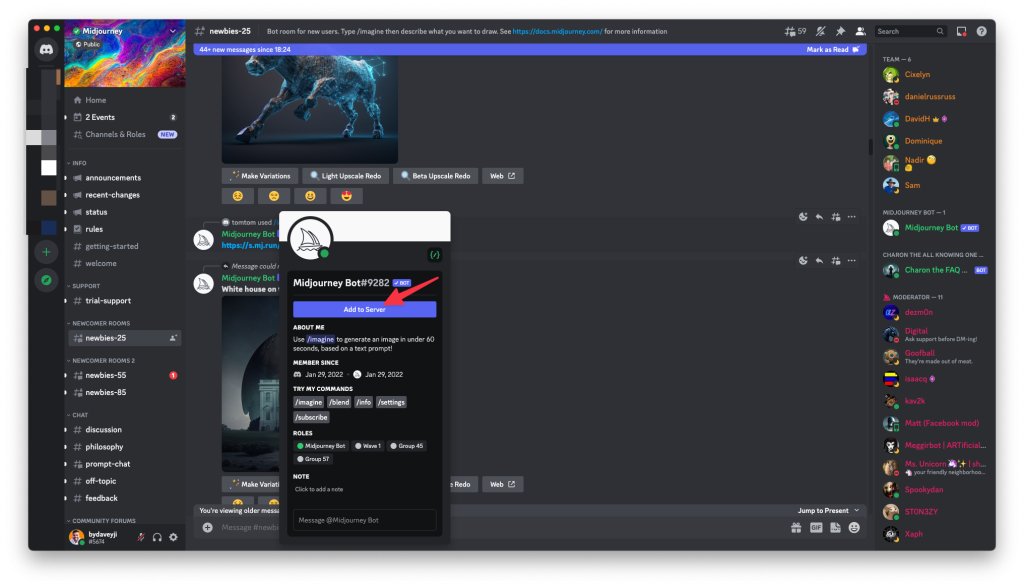 Shubham Davey from Techbydavey pointing to "Add to server" button to add the midjourney AI bot to private server on discord