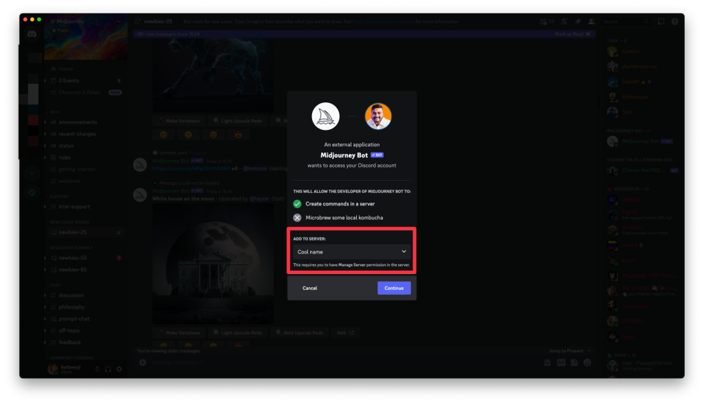 Shubham Davey from Techbydavey highlights the drop down to select from all the private servers on discord. The midjourney AI bot will be added to the  selected discord server