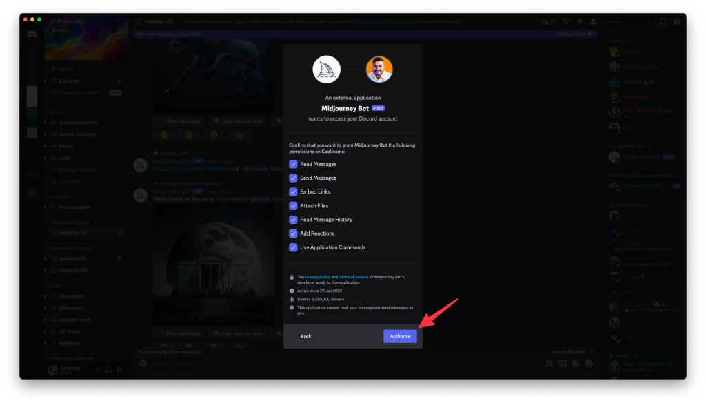 Shubham Davey from Techbydavey pointing to authorize button. This will add the midjourney AI bot to the private server on Discord.
