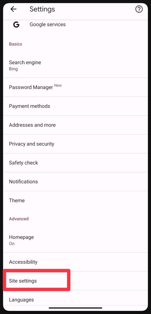 Tap on Site settings under Google chrome settings to enable the ads blocker on Google chrome for Android.