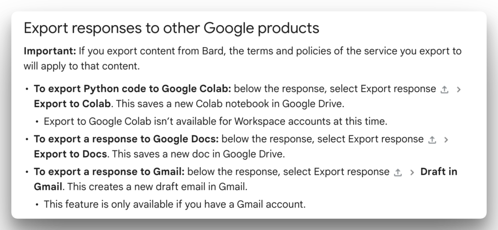 An image shows how export options vary based on the output generated by Google Bard.