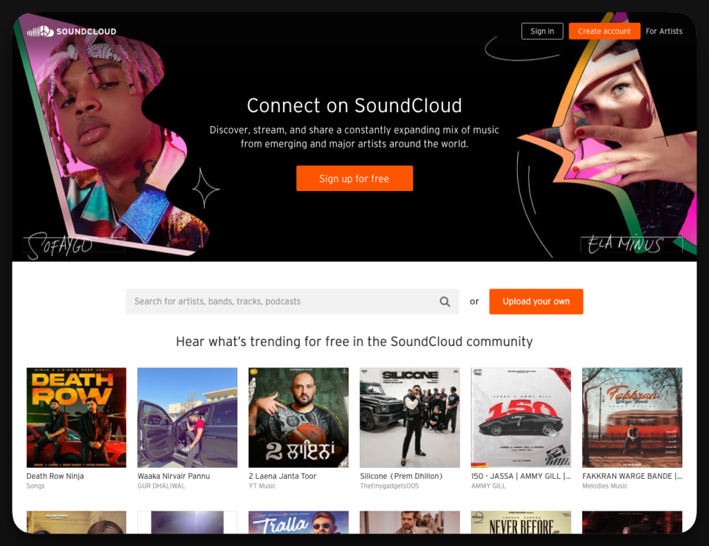 An image showing homepage of Soundcloud. This page is a list of free music downloading sites.