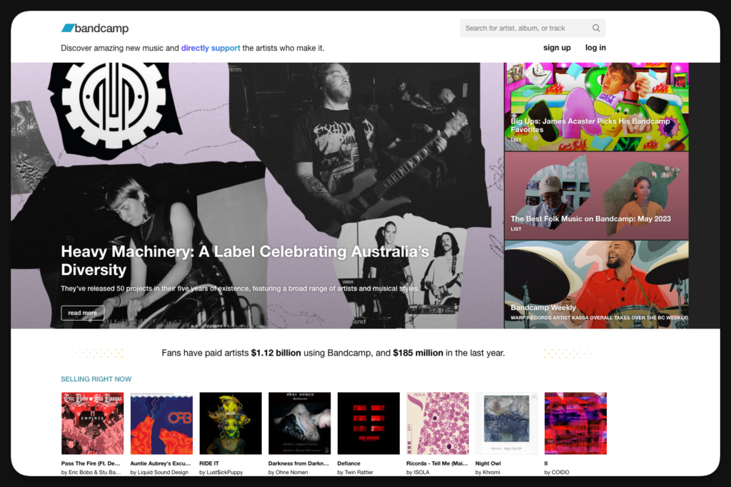 An image showing homepage of Bandcamp. This page is a list of free music downloading sites.