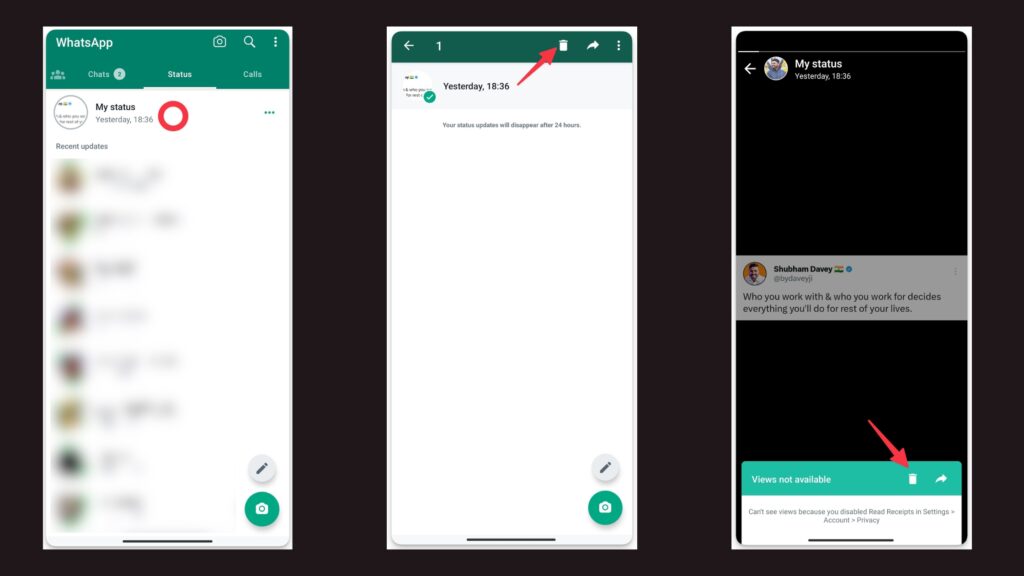 An image on techbydavey.com showing how to delete Whatsapp statuses