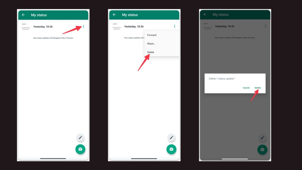 An image on techbydavey.com showing how to delete Whatsapp statuses