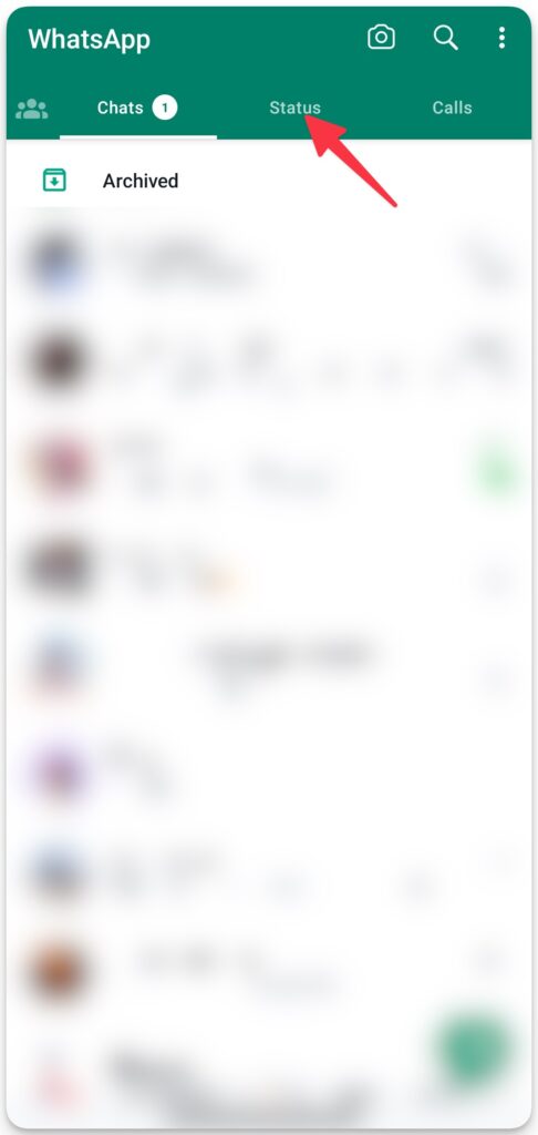 An image on techbydavey.com showing how to access status tab on WhatsApp