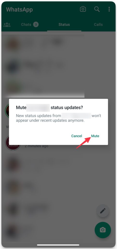 An image on techbydavey.com showing how to mute Whatsapp statuses