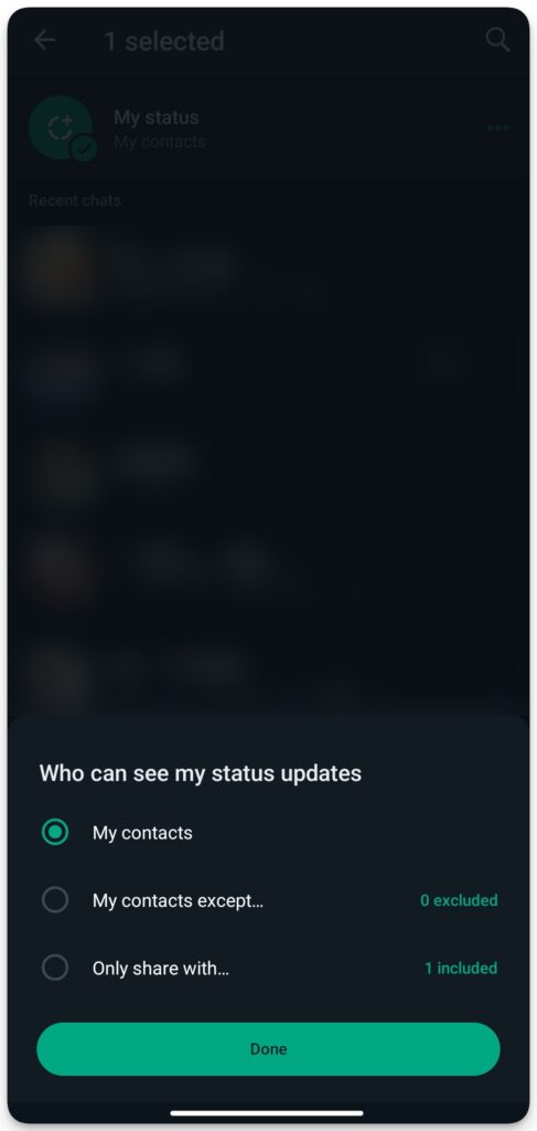 An image on techbydavey.com showing various privacy settings for WhatsApp statuses