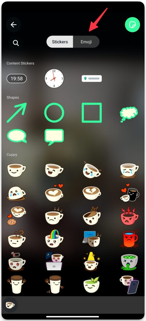 An image on techbydavey.com showing how to switch to Emoji tab and add emojis to a WhatsApp status