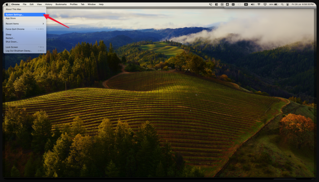 Screenshot showing accessing System setting to fix Battery drain in MacBook Pro.