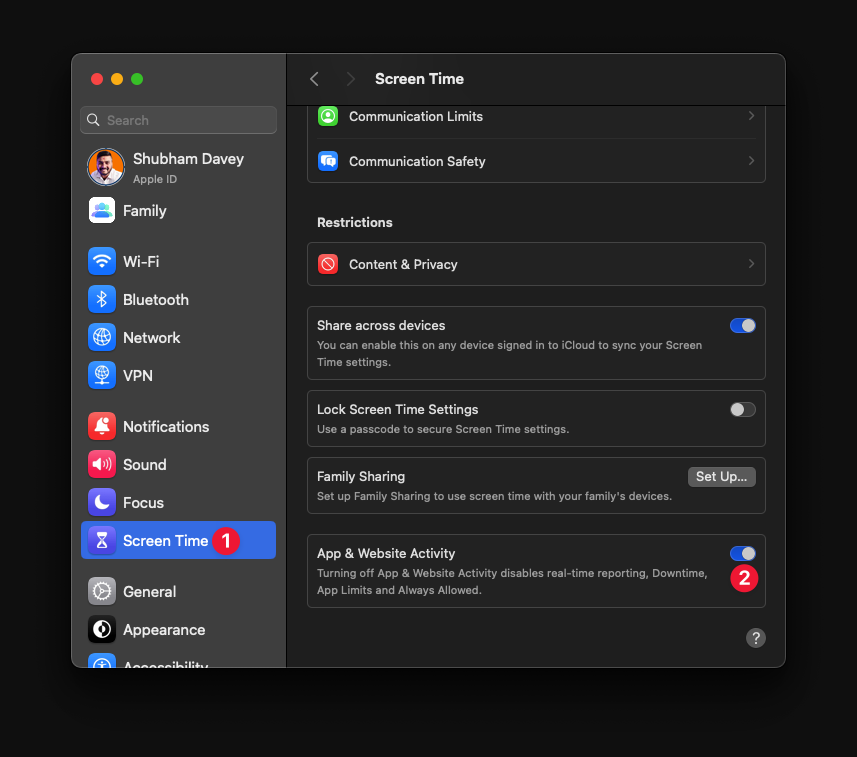 Screenshot showing how to access Screen Time to fix Battery drain in MacBook Pro.