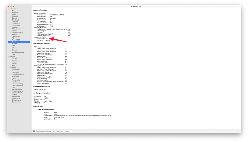 Screenshot showing how to access battery charging cycles.