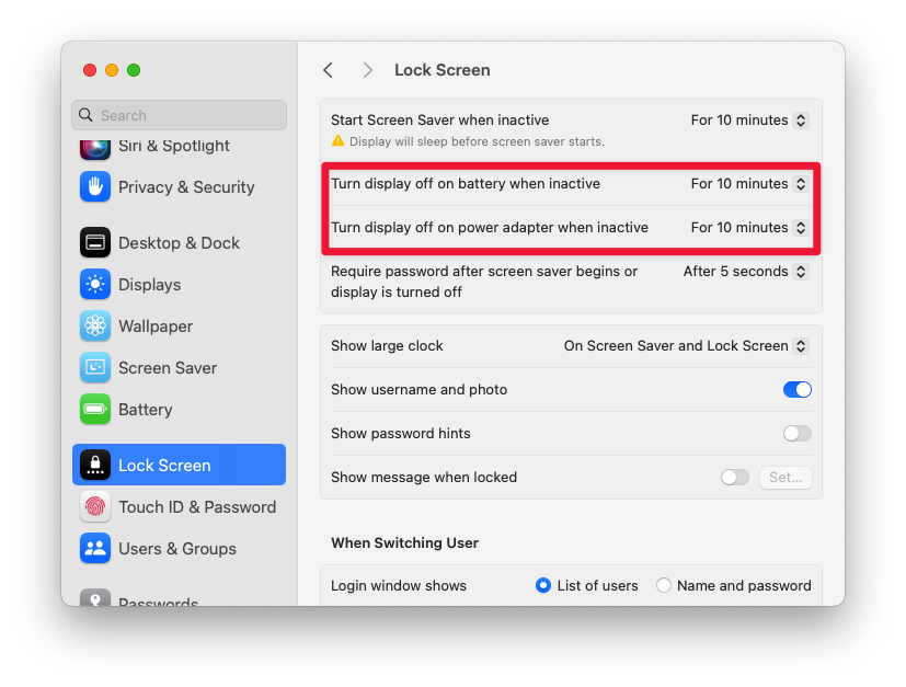 Screenshot showing settings to turn off display when inactive & fix Battery drain in MacBook Pro.