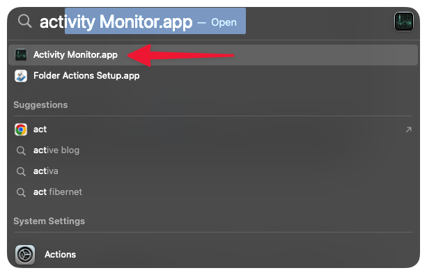 Screenshot showing spotlight search accessing Activity Monitor to fix Battery drain in MacBook Pro.