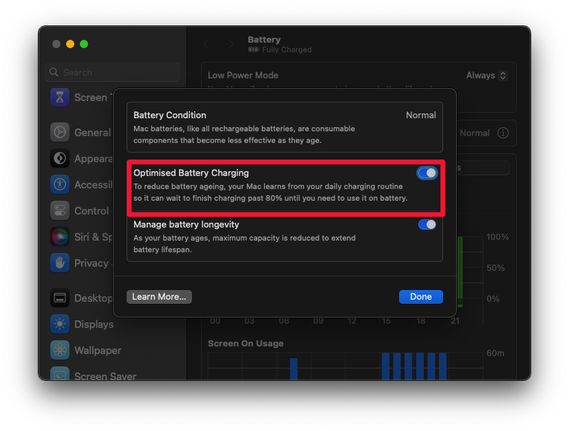 Screenshot showing the toggle to optimize battery charging & fix Battery drain in MacBook Pro.