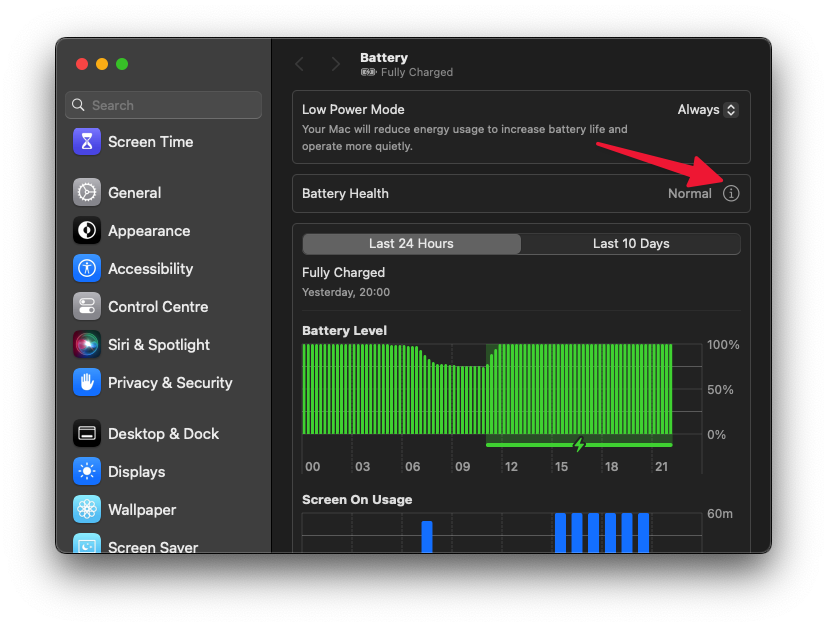 Screenshot showing how to access settings to optimize battery charging to fix Battery drain in MacBook Pro.