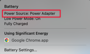 Screenshot showing Power source: Power Adapter under battery settings. This helps fix Battery drain in MacBook Pro.