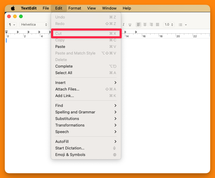 By default, the cut option is grayed out under the Edit menu.