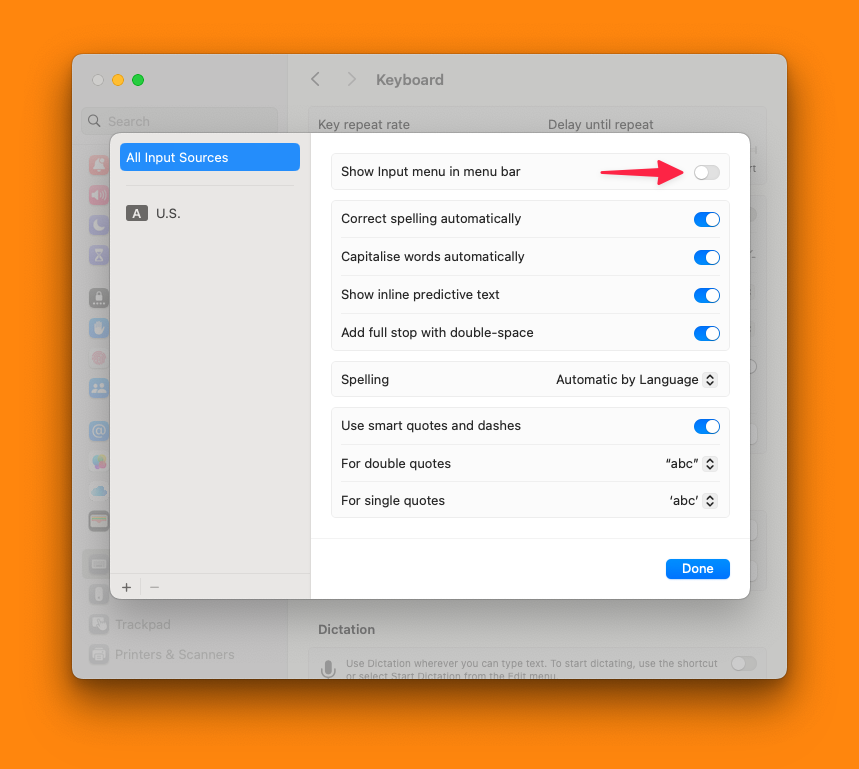 Toggle on "Show input menu in menu bar" to enable on screen keyboard that highlights special characters upon holding option key.