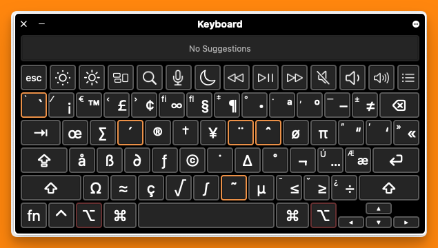 On screen keyboard highlighting special characters while holding option key.