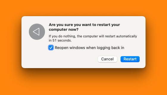 Confirmation message shown upon choosing to restart without holding option key.