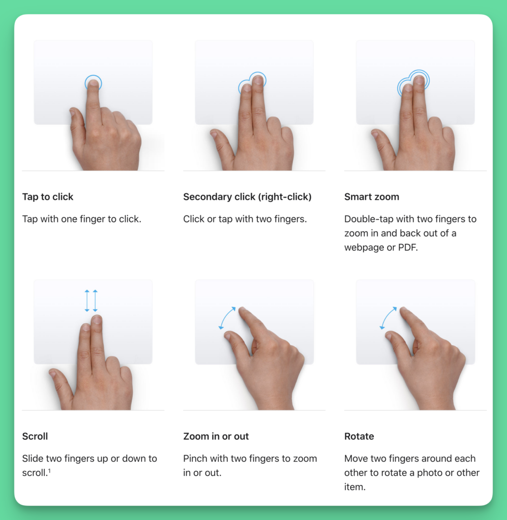 Screenshot showing various hand gestures to use trackpad on macOS.