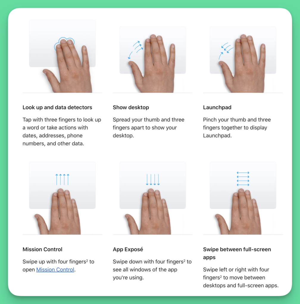 Screenshot showing various hand gestures to use trackpad on macOS.