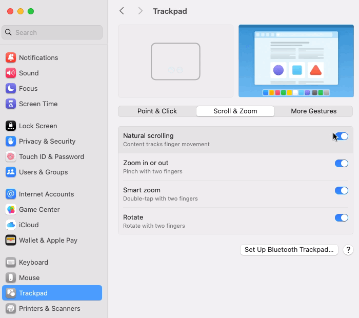 gif showing natural scrolling settings on macOS