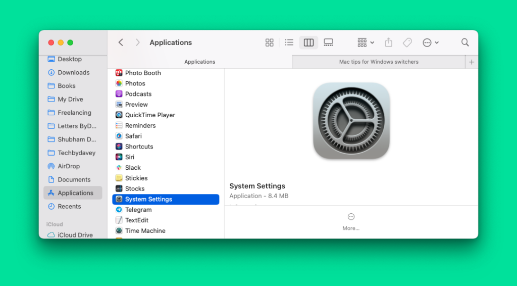 Screenshot showing how to access system settings from Applications folder in Finder app.