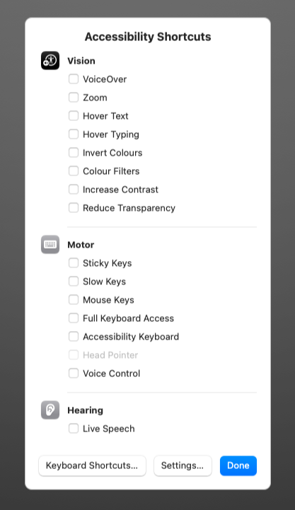 Accessibility settings popup appears by option+command+F5.