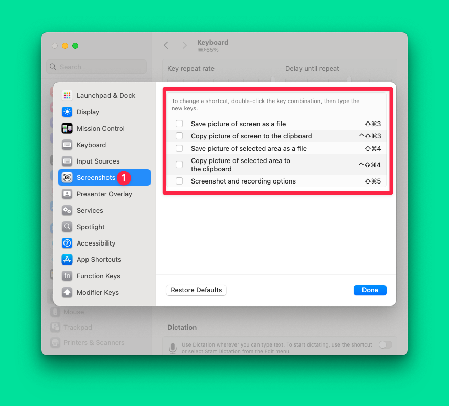 Screenshot showing default shortcuts for screenshot in macOS.