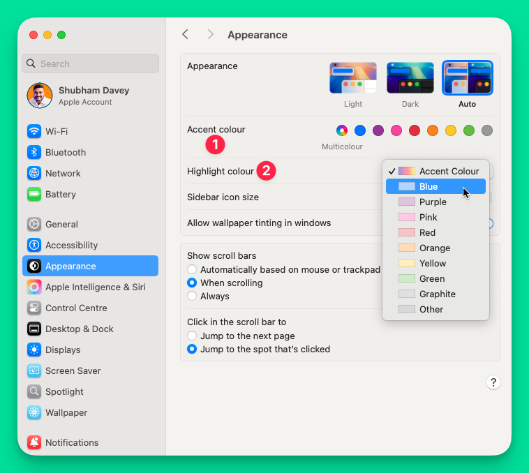 Screenshot showing Appearance setting in macOS, managing Accent colour and Highlight colour.