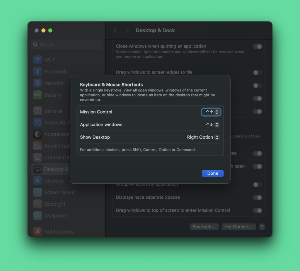 Screenshot showing custom keyboard shortcuts for Mission control, Application windows and view desktop menu under Desktop & Dock.