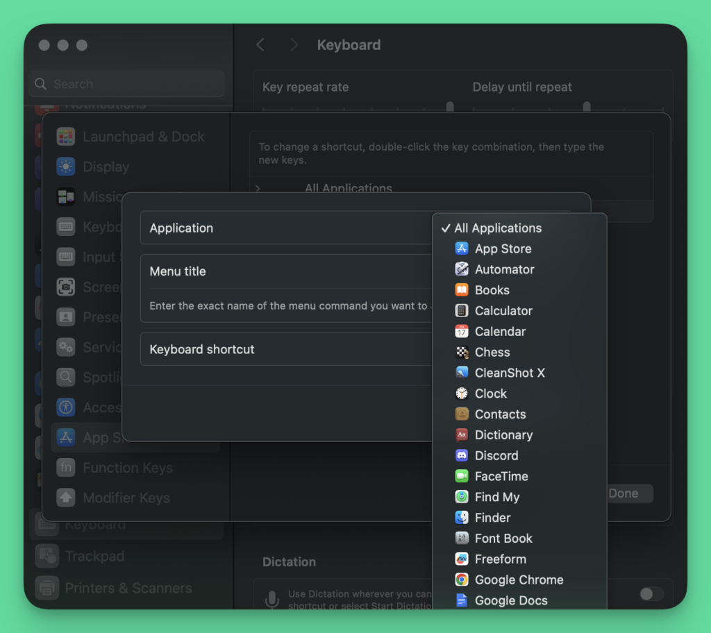 Screenshot showing all the applications installed on Macbook for which you can assign custom shortcuts.