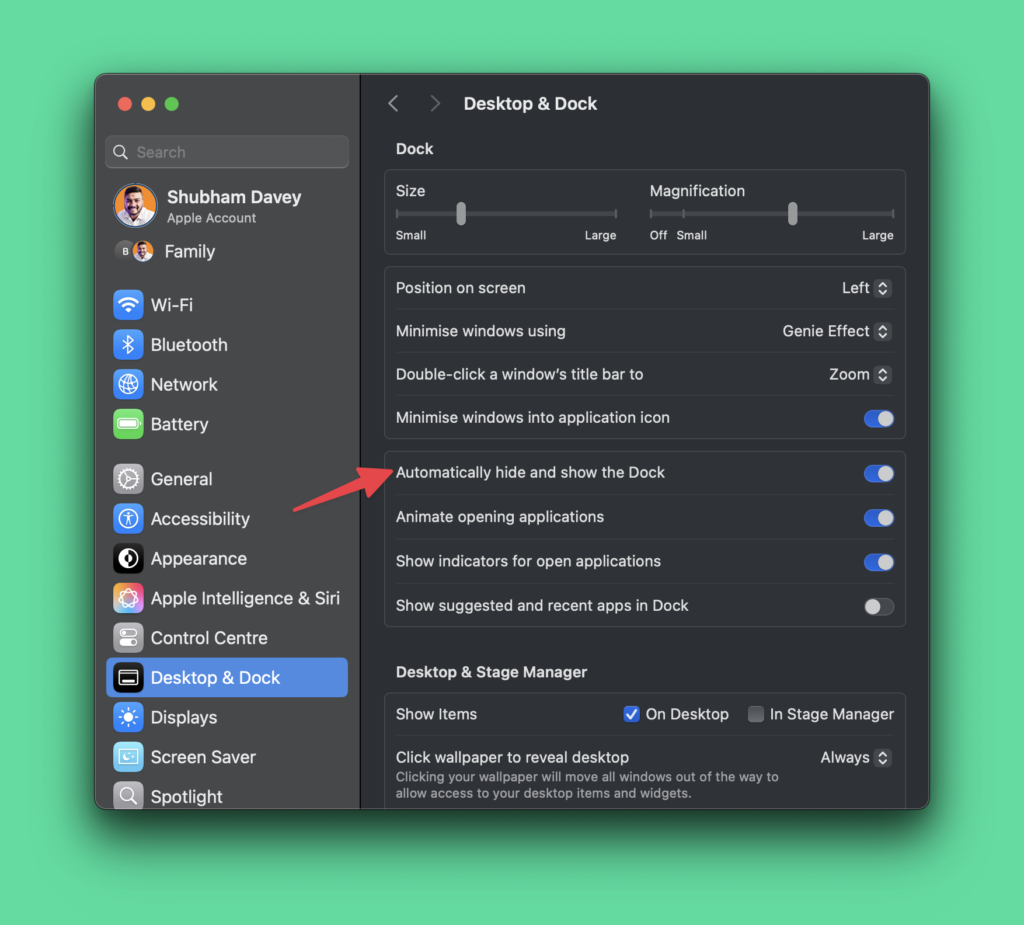 Screenshot pointing to Automatically hide and show the Dock toggle under macOS system settings.