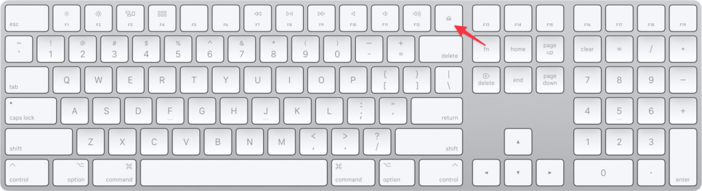 Apple magic keyboard highlighting Eject button.