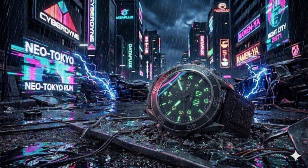 AI prompts for wristwatch images in rain neo surroundings.