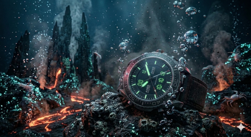 AI prompts for wristwatch images in underwater volcano.